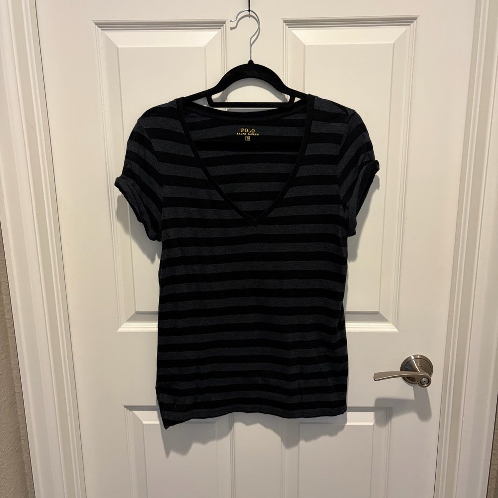 Polo by Ralph Lauren Black and Charcoal Striped V-Neck Tee